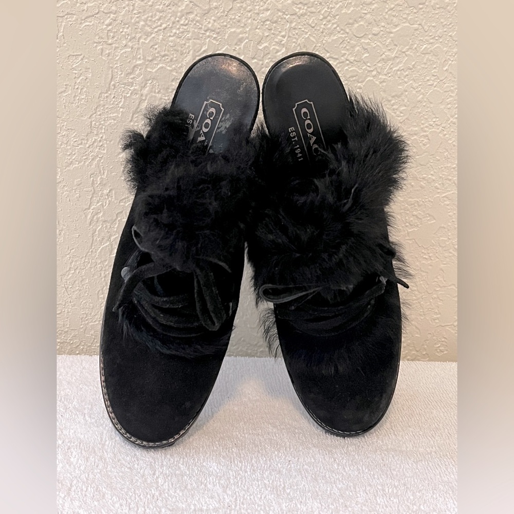COACH Kristy Black  Suede And Fur Slide On Clogs/Mules Heels Sz 8 B - Picture 3 of 6